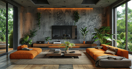 Wall Mural - Interior view of a modern living room with a TV set and a sofa High-resolution photograph clean sharp focus, focus stacking, digital photography