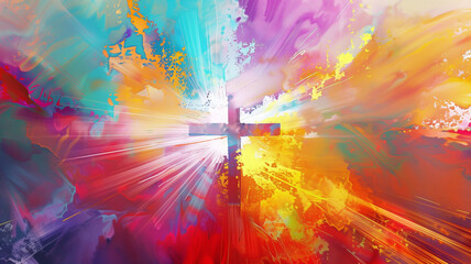 Canvas Print - A colorful painting of a cross with a bright light shining on it