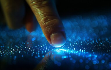 Wall Mural - close up of finger touching digital tablet with blue light and bokeh