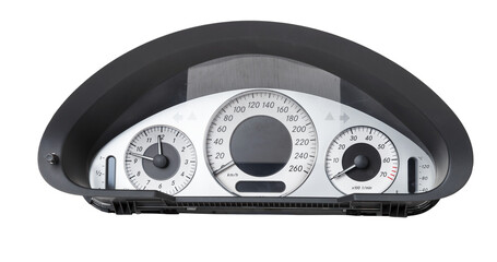 Wall Mural - The dashboard of the car with white arrows with a speedometer, tachometer and other tools to monitor the condition of the vehicle in modern style on white isolated background