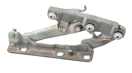 Poster - Pair of hinges for attaching the hood or trunk of the car on a white isolated background. Auto parts for catalog and repair of vehicles.