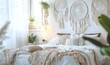White handmade dreamcatcher in bedroom. Interior decoration. Beautiful dream catcher inside white room at home