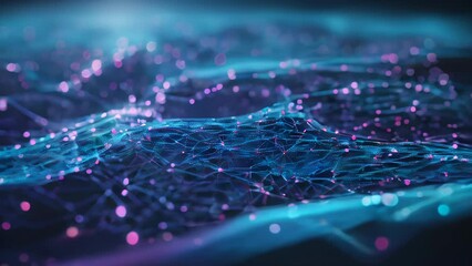 An abstract network graphic representing the flow of digital data, with intertwined particles of blue light.
