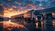 white truck parked in front of an industrial logistics building in the evening sunset 