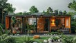 Modern tiny house made from old shipping containers. Sunny day, nicely decorated house environment. Shipping container houses is sustainable, eco-friendly living accommodation or holiday home