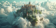 Castle in the clouds, imagined through a child's eyes, 3D render, cinematic, hyperrealistic, high-angle shot.