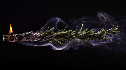 Wall Mural - Closeup of a smudge stick made of dried lavender and rosemary lit at one end with smoke wafting upwards.