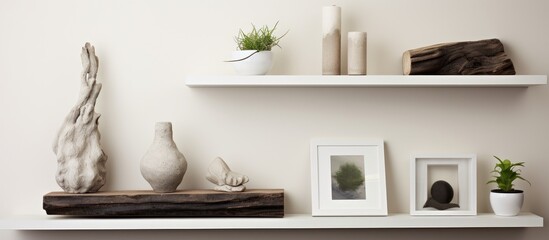 A black and white image showing a shelf in a living room, with various decor elements neatly arranged on it. The shelf is against a wall, reflecting the stylish design of the room.