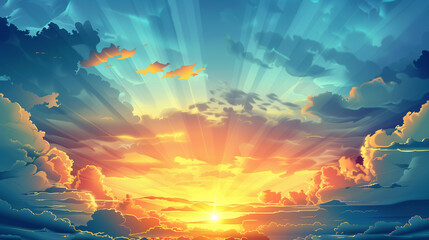 Wall Mural - Sunrise dramatic blue sky with orange sun rays breaking through the clouds 