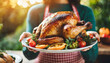 woman's hands delicately hold a roasted turkey, embodying Thanksgiving warmth and tradition