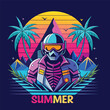 Vector illustration of space explorer with helmet, sun and palm trees. summer t shirt