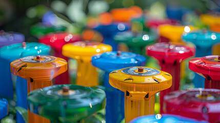 An array of colorful sprinkler heads each one representing a different water flow and coverage radius for different parts of the garden.