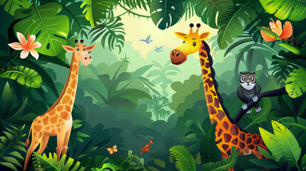 Wall Mural - Bright tropical background with cartoon jungle animals 