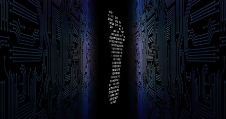 Animated digital footprint with binary numbers on black electronic background (3D rendering)