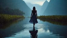 Woman In Dress Wades Through Half-submerged Water, Her Back Turned, Evoking Mystery And Tranquility