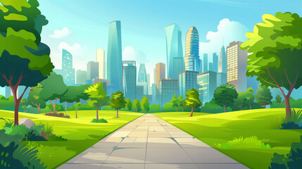 Canvas Print - cartoon illustration of a modern empty city park with skyscrapers buildings background 