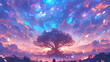illustration of a large tree of life with a galaxy background