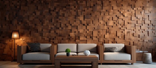 Wall Mural - This image showcases a modern living room featuring a comfortable couch and a stylish table. The room is tastefully decorated with a stunning wood texture wall, creating a beautiful blend of design