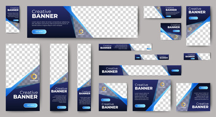 Professional business web ad banner template with photo place. Modern layout blue background and orange shape and text design	