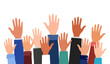 Businesspeople group raised arms and hands in flat design on white background.