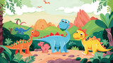 Fototapeta Pokój dzieciecy - colorful cute dinosaurs in prehistoric scene 