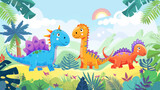 Fototapeta Dinusie - colorful cute dinosaurs in prehistoric scene 