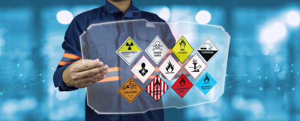 Wall Mural - Security staff hold virtual board and inspect the storage of dangerous goods in the warehouse for operator safety such as explosions, radioactive, toxic gases