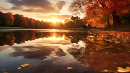 Wall Mural - sunset Tranquil scene of autumn leaves reflecting on pond with dramatic light