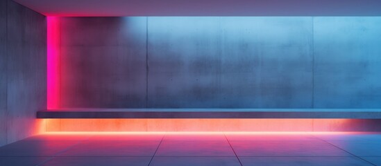 Wall Mural - An empty room featuring a bench against a concrete wall, illuminated by neon lights in a gradient of colors. The architectural design is modern and minimalist.