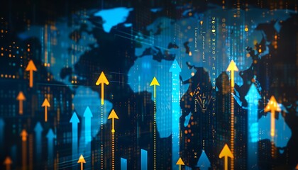 Poster - world economic growth concept with pointing arrow, world map background.