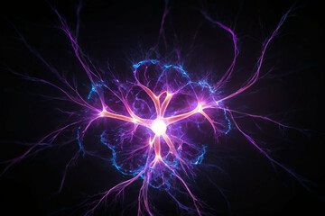 Wall Mural - abstract neuron shaped neon light pattern on black background