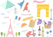 Stylish hand-drawn illustration set of symbols inspired by France / フランスをイメージしたシンボルのおしゃれな手描きイラストセット