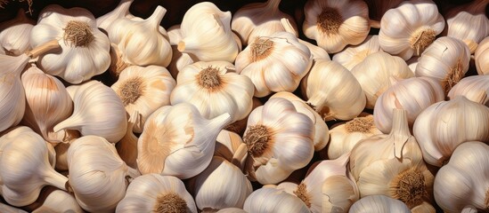 Wall Mural - A pile of fresh garlic bulbs is neatly stacked in a cluster, showcasing the pungent and aromatic herb commonly used in cooking for its flavor and health benefits.