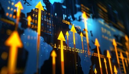 Poster - world economic growth concept with pointing arrow, world map background.