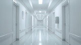 Fototapeta Do przedpokoju - A long hallway in a hospital with white walls and a white floor. The hallway is empty and has no people.