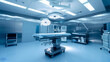 © Kanlayarawit - An operation room with a large surgical bed with white sheets. The room is clean and sterile, with a bright light overhead. Scene is serious and professional. Blue color tone.