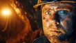 Close-up photo of dirty miner, dirty hardworking miner in cave, dark cave.