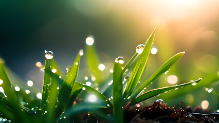 Wall Mural - herb-sprouting-lush-grass-in-background-analog-diffusion-style-macro-shot-soft-focus-vibrant