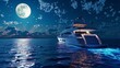 A dramatic full moon illuminates the sea, with clouds artistically dispersed in the sky above a stationary yacht on the tranquil ocean.