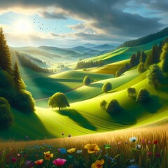 Wall Mural - landscape with green grass and mountains