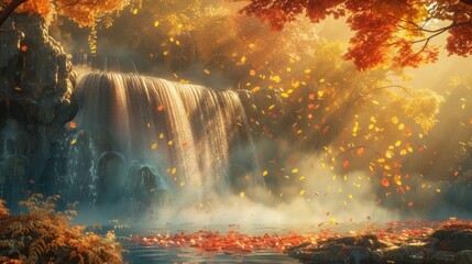 Wall Mural - A waterfall surrounded by autumn-colored foliage, with the sun enhancing the golden and red hues of the leaves, creating a warm and inviting scene. 8k