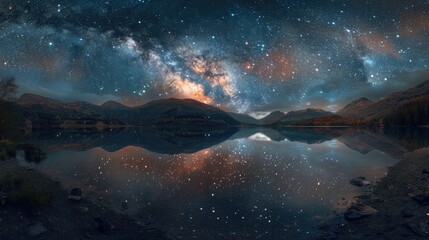 Wall Mural - A wide panoramic photo of the Milky Way casting its glow over a remote lake, with the gentle ripples in the water adding texture and movement to the reflection of the starry night sky. 8k