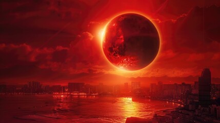 Wall Mural - amazing scientific background - total solar eclipse in dark red glowing sky above seaside city, myst