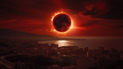 Wall Mural - amazing scientific background - total solar eclipse in dark red glowing sky above seaside city, myst