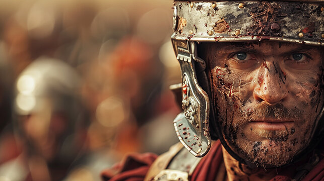 Closeup portrait of Roman soldier in uniform and armor during a battle.