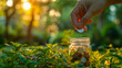 Close-up of coins dropping into a jar amidst vibrant park greenery. Symbolic image for saving money, mindful spending, and financial planning for the future.