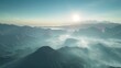 An aerial perspective of Bromo at sunrise, capturing the expansive view of the mountain range and the surrounding caldera filled with morning mist, with the sun gracefully rising in the background. 8k