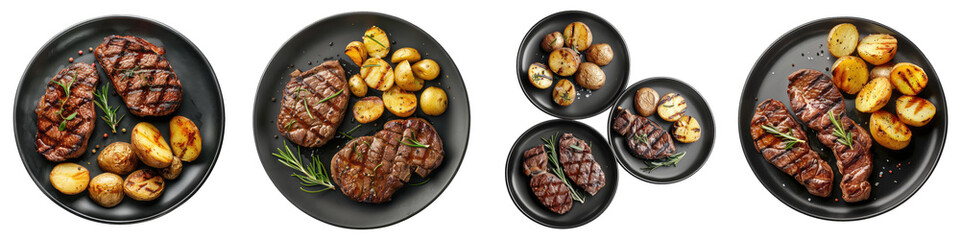 Wall Mural - black plates with grilled beef steaks and potatoes top view  Hyperrealistic Highly Detailed Isolated On Transparent Background Png File