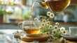 Female hand pouring natural chamomile tea from teapot into cup on table in kitchen Generative Ai