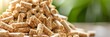 Organized biomass wood pellets stack with woodpile on blurred background, ideal for text placement.